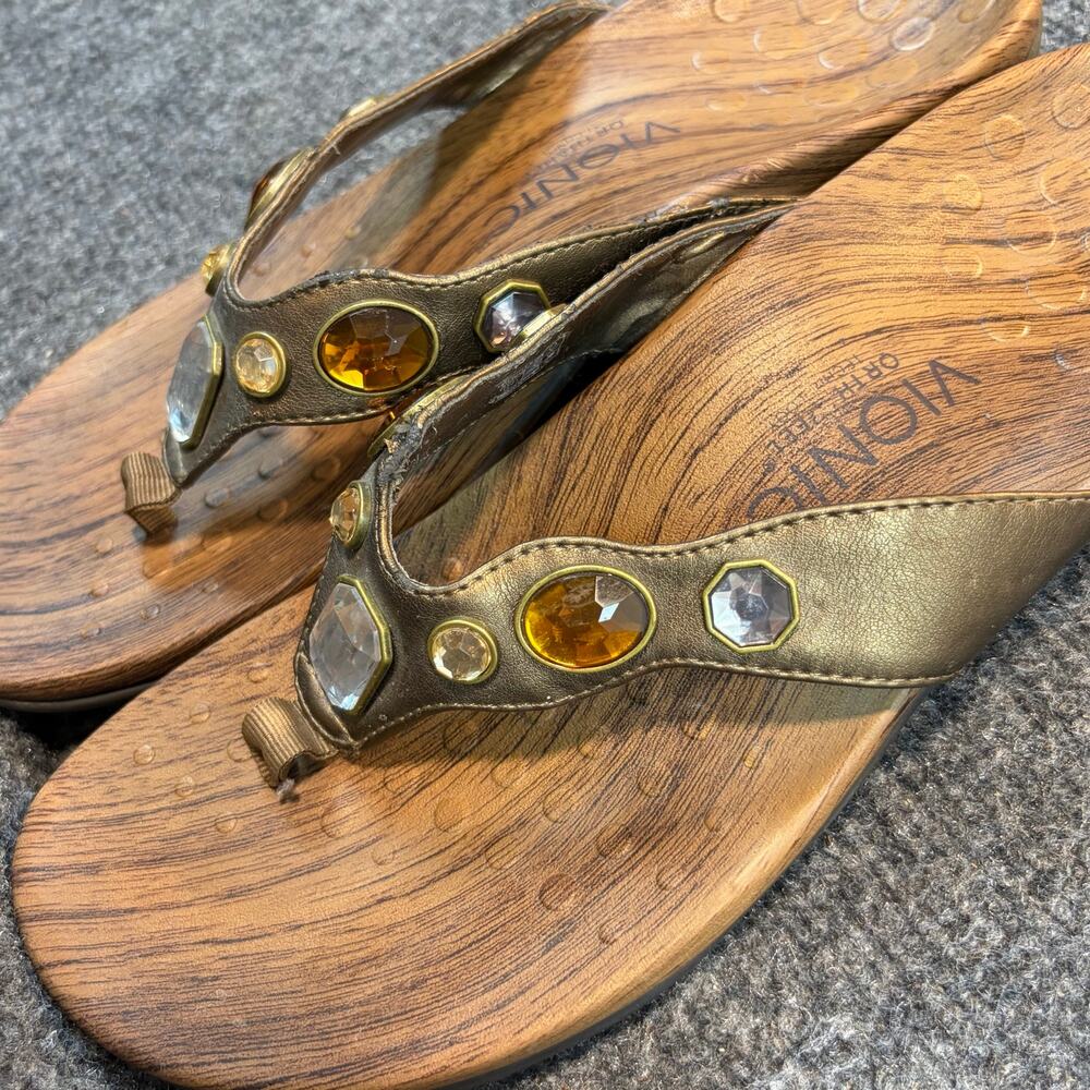 Vionic Brown Leather Gem Embellished Thong Comfort Sandals Women 9 Orthotic